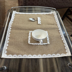 Jute Tolley Mat Set With Cute Lace - Brown