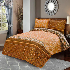 3 PCS LUXURY COTTON PRINTED BEDSPREAD - LINENA BEIGE - Aura living