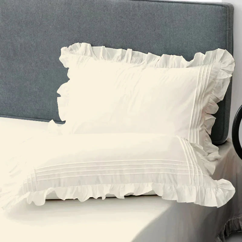 Cotton Fitted Sheet With Frilled Pillow Cover- Off White - Aura living