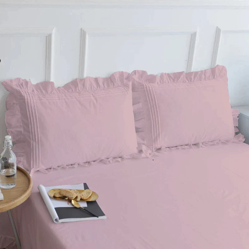 Cotton Fitted Sheet With Frilled Pillow Cover- Pink - Aura living
