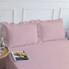 Cotton Fitted Sheet With Frilled Pillow Cover- Pink - Aura living