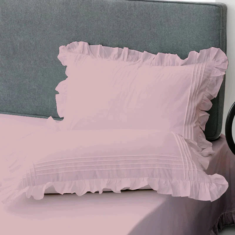 Cotton Fitted Sheet With Frilled Pillow Cover- Pink - Aura living