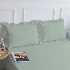 Cotton Fitted Sheet With Frilled Pillow Cover- Mint Green - Aura living