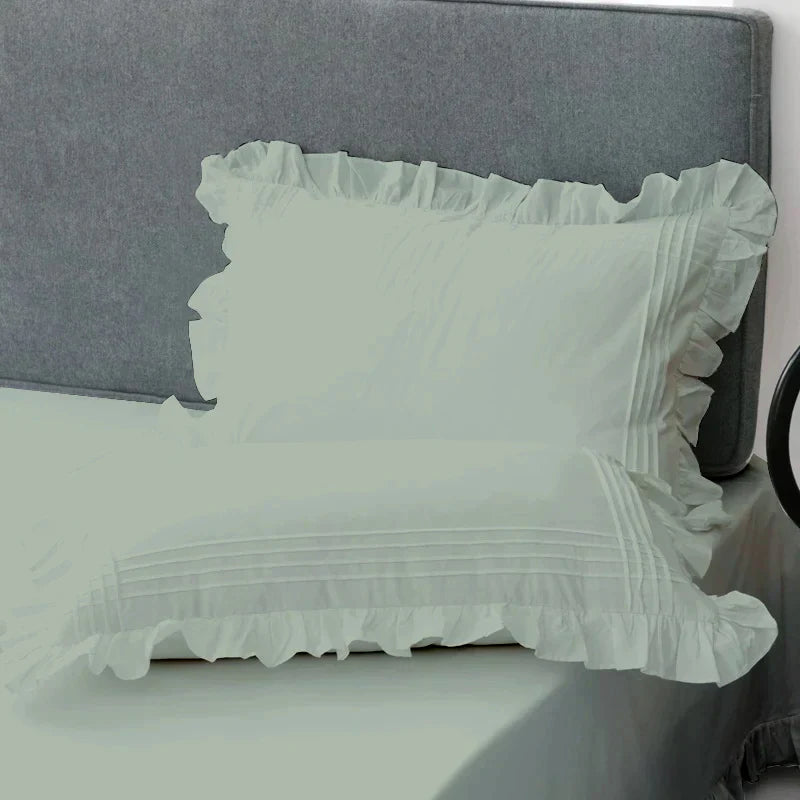 Cotton Fitted Sheet With Frilled Pillow Cover- Mint Green - Aura living