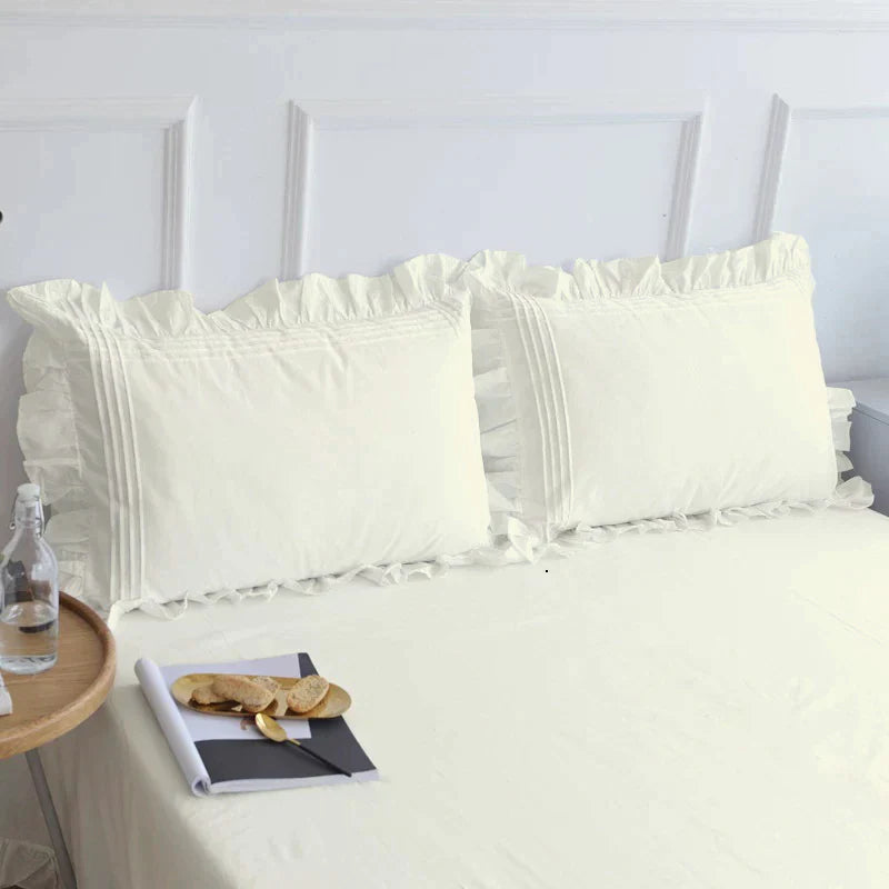 Cotton Fitted Sheet With Frilled Pillow Cover- Dove White - Aura living