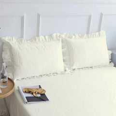 Cotton Fitted Sheet With Frilled Pillow Cover- Dove White - Aura living
