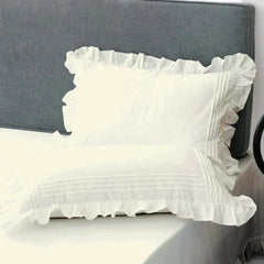 Cotton Fitted Sheet With Frilled Pillow Cover- Dove White - Aura living