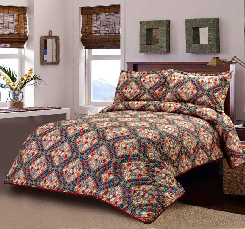 3 PCS LUXURY COTTON PRINTED BEDSPREAD - DIMOND ROSES - Aura living