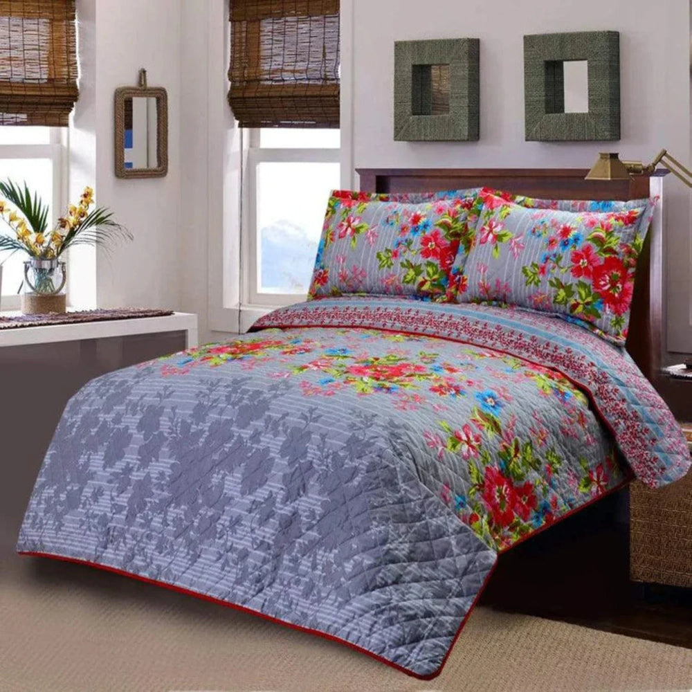 3 PCS LUXURY COTTON PRINTED BEDSPREAD - SUMMER GARDEN - Aura living