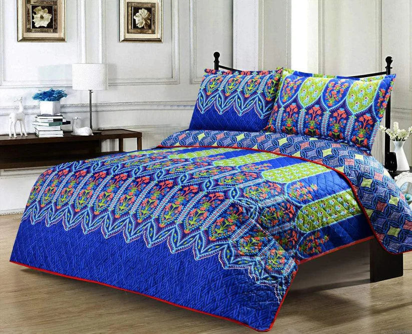 3 PCS LUXURY COTTON PRINTED BEDSPREAD - ELUAMM BLUE - Aura living
