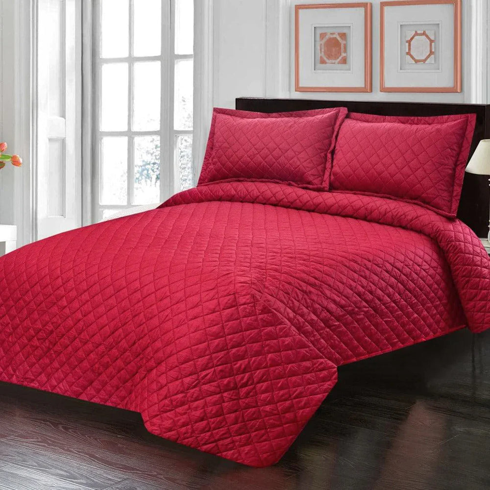 3 PCS LUXURY COTTON SATIN BEDSPREAD - RED - Aura living