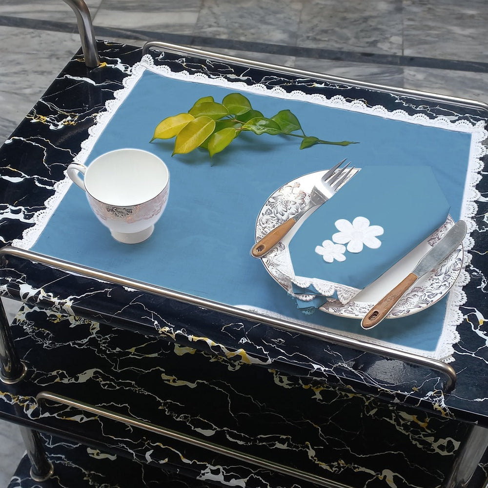 9 PCS TROLLEY MAT AND NAPKIN SET WITH LACE - BLUE - Aura living