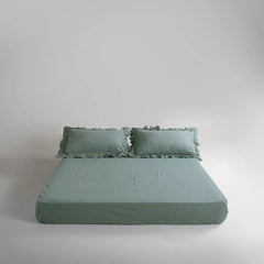 Cotton Fitted Sheet With Frilled Pillow Cover-Sage Green