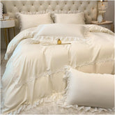 Luxury Cotton Satin Frilled Duvet Set With Lace - Creem - Aura living