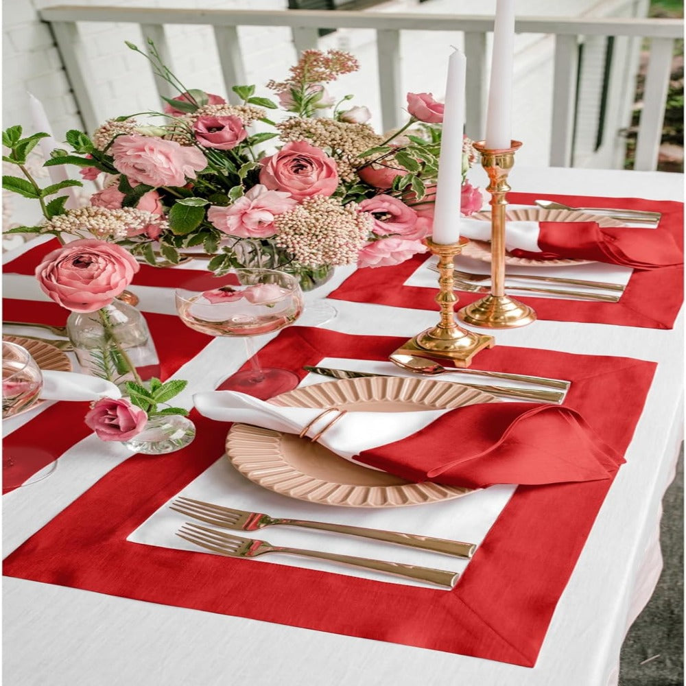 Cotton Luxury Dining Set Mited Corner Bordered - Red and White - Aura living