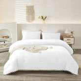 Luxury Cotton Satin Pom Fringe Duvet Cover Set-White - Aura Living