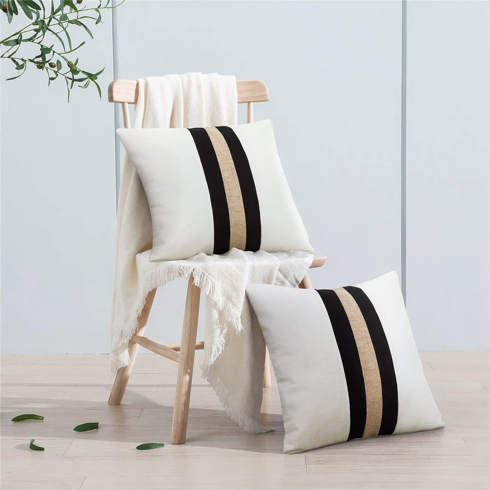 Pack of 2 Boho Modern Accent Jute Striped Cushion Cover Black and Beige Strip - Aura living