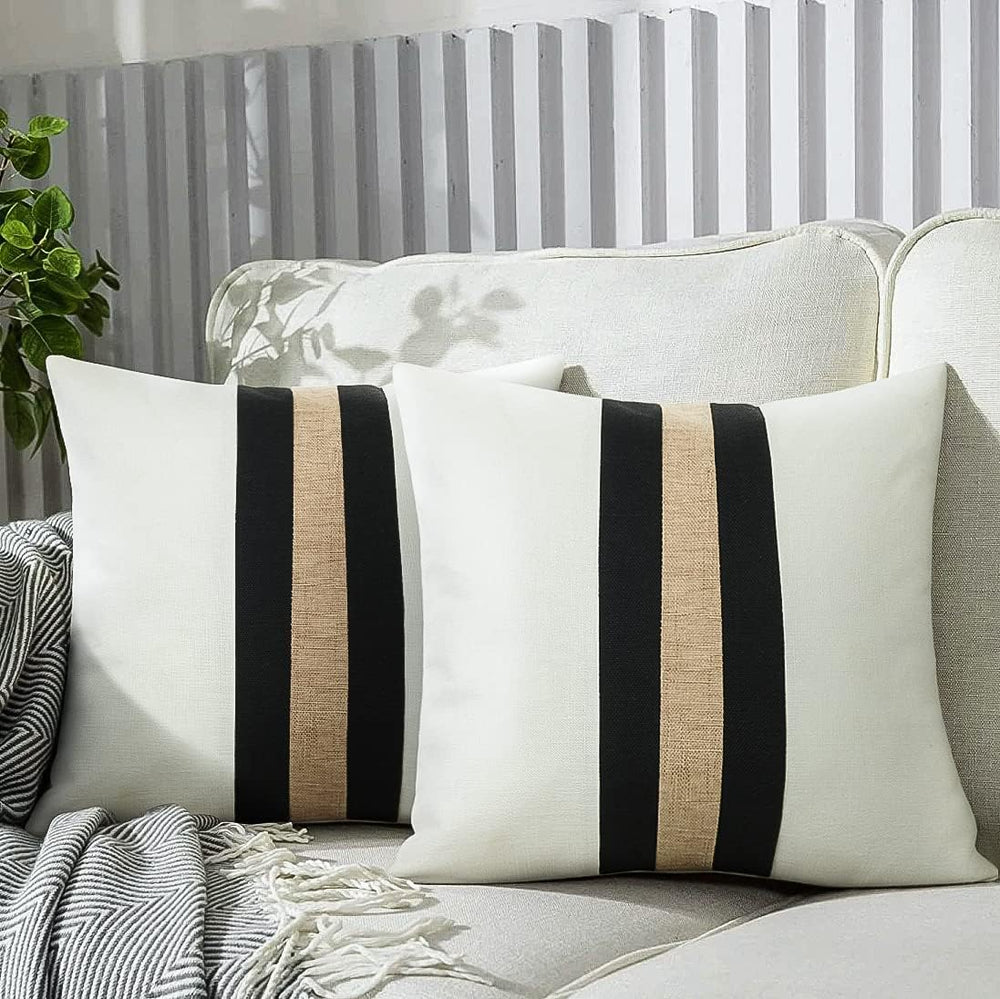 Pack of 2 Boho Modern Accent Jute Striped Cushion Cover Black and Beige Strip - Aura living
