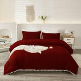 Luxury Cotton Satin Pom Fringe Duvet Cover Set-Burgundy - Aura Living