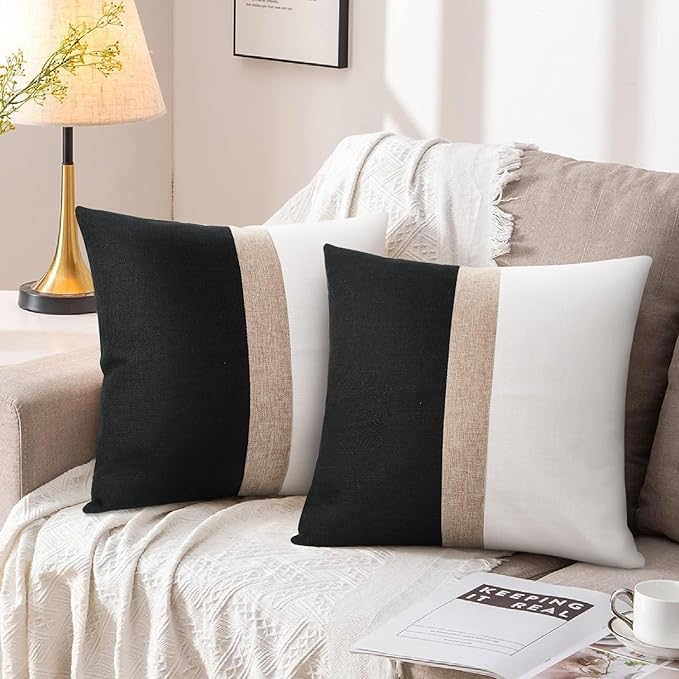 JASEN Beige Strip Black and White Decorative Jute Cushion Cover - Aura living