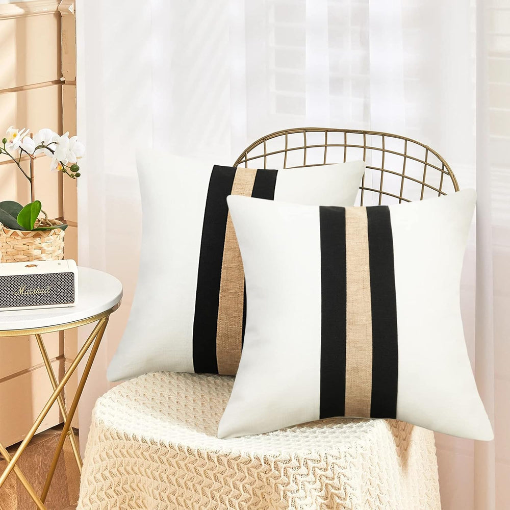 Pack of 2 Boho Modern Accent Jute Striped Cushion Cover Black and Beige Strip - Aura living