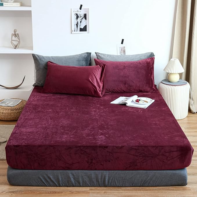 Velvet Fitted Sheet Set - Wine Red - Aura living
