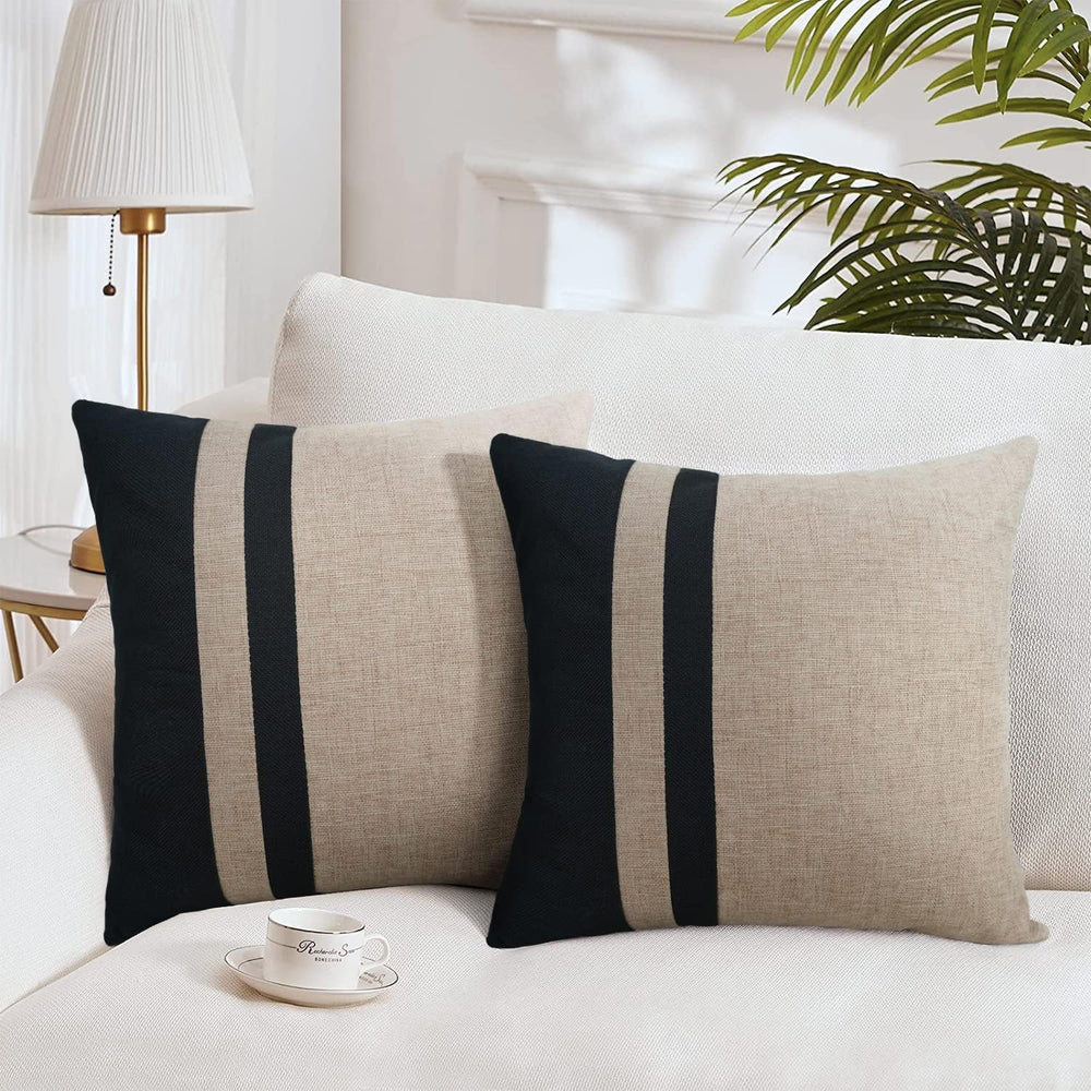Set of 2 Black and Beige Farmhouse Jute Cushion Cover - Aura living