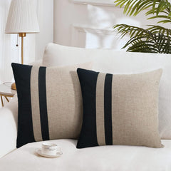 Set of 2 Black and Beige Farmhouse Jute Cushion Cover - Aura living