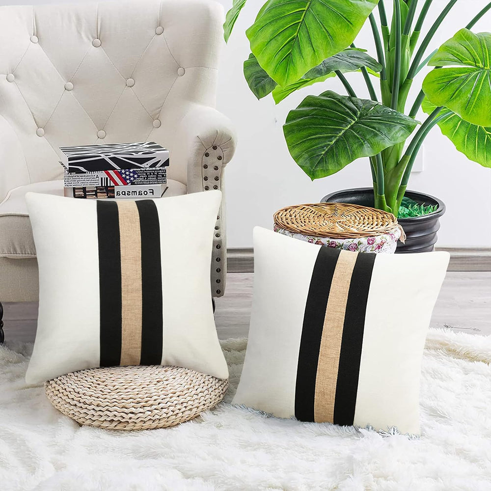 Pack of 2 Boho Modern Accent Jute Striped Cushion Cover Black and Beige Strip - Aura living