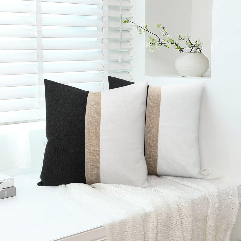 JASEN Beige Strip Black and White Decorative Jute Cushion Cover - Aura living