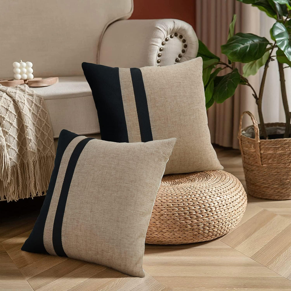 Set of 2 Black and Beige Farmhouse Jute Cushion Cover - Aura living