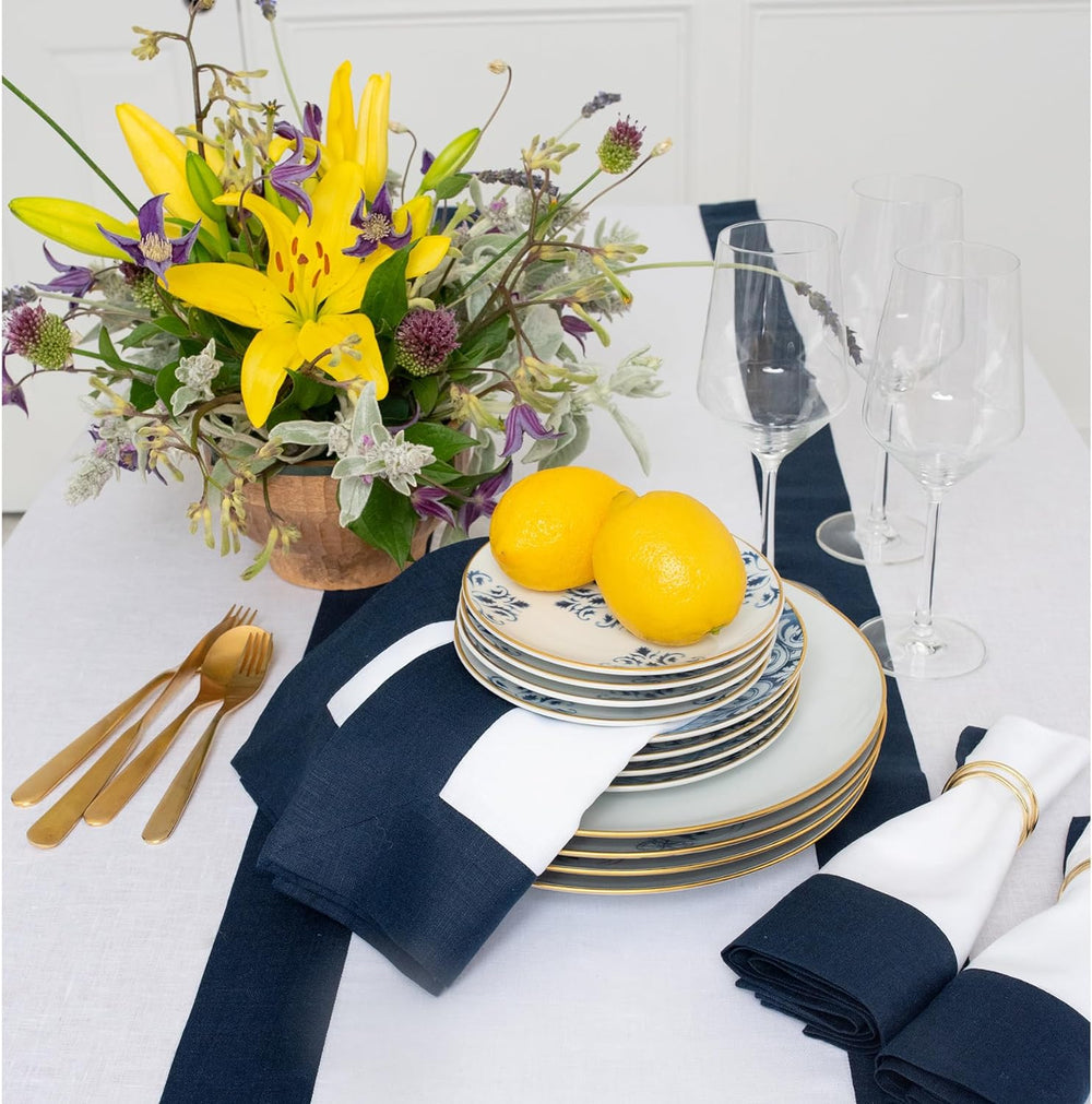 Cotton Luxury Dining Set Mited Corner Bordered - Navy and White - Aura living