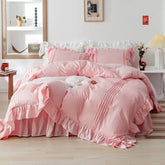 Luxury Pleated With Ruffled Style Satin Duvet Cover Set - Rose Pink - Aura Living