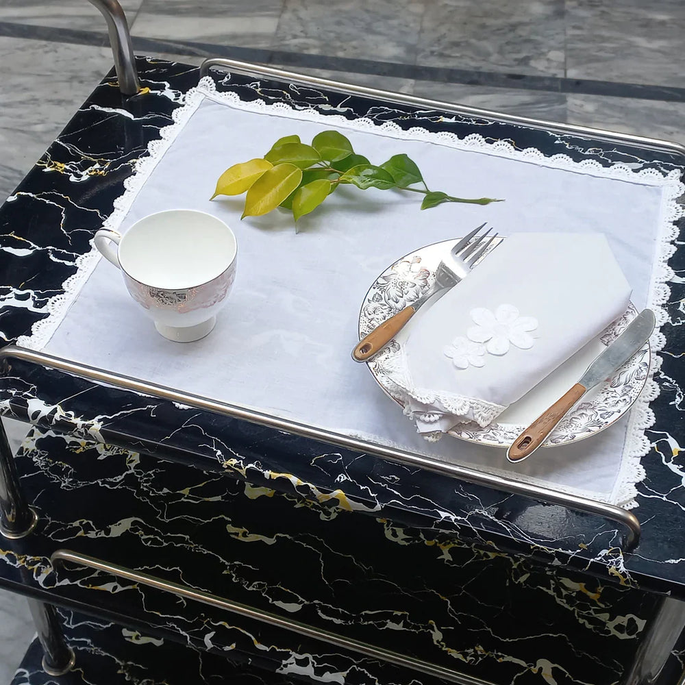 9 PCS TROLLEY MAT AND NAPKIN SET WITH LACE - WHITE - Aura living