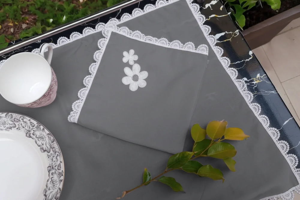9 PCS TROLLEY MAT AND NAPKIN SET WITH LACE - GREY - Aura living