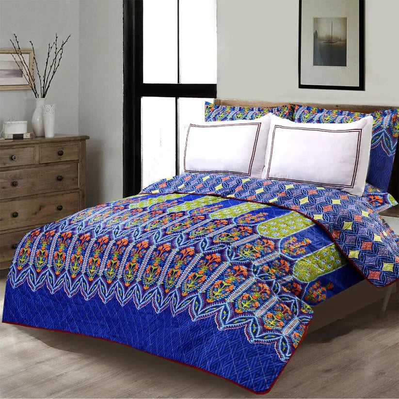 3 PCS LUXURY COTTON PRINTED BEDSPREAD - ELUAMM BLUE - Aura living