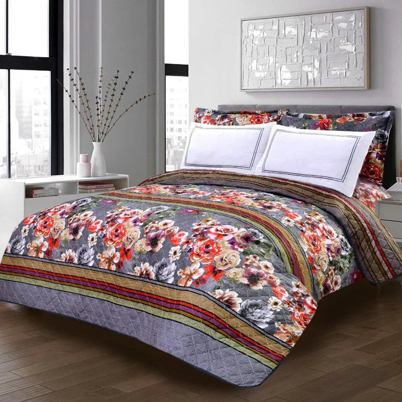 3 PCS LUXURY COTTON PRINTED BEDSPREAD - Rose Garden Grey - Aura living