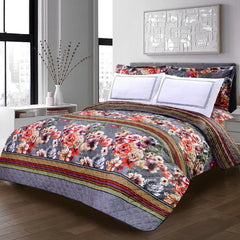 3 PCS LUXURY COTTON PRINTED BEDSPREAD - Rose Garden Grey - Aura living