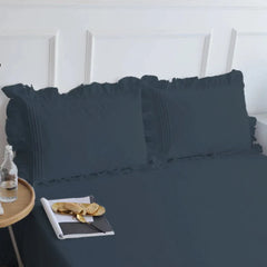 Cotton Fitted Sheet With Frilled Pillow Covers-Prussian blue - Aura living