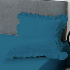 Cotton Fitted Sheet With Frilled Pillow Cover-Teal BLue - Aura living