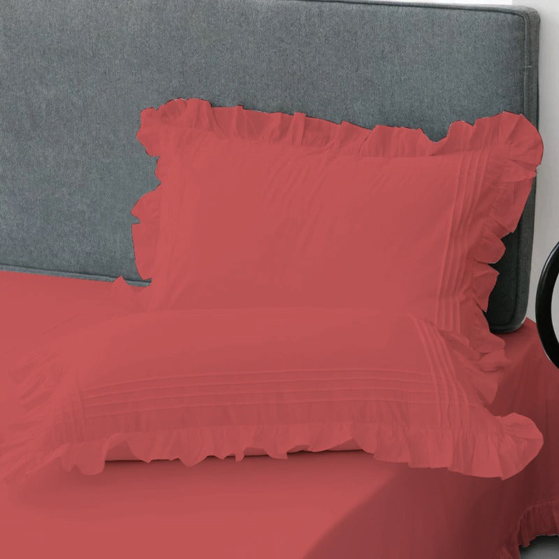 Cotton Fitted Sheet With Frilled Pillow Cover-Scarlet Red - Aura living