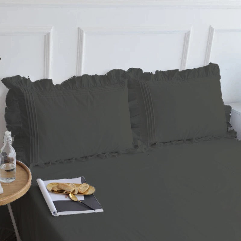 Cotton Fitted Sheet With Frilled Pillow Covers-Charcoal Grey - Aura living