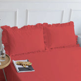 Cotton Fitted Sheet With Frilled Pillow Cover-Scarlet Red - Aura Living