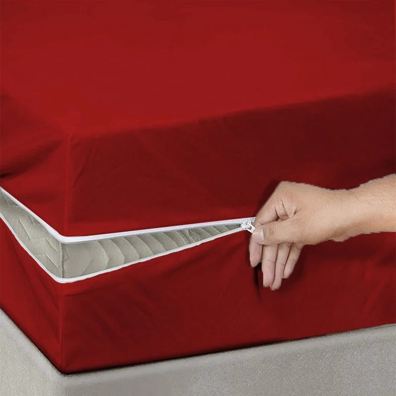 100% Cotton Zipper Mattress Cover - maroon Red - Aura living