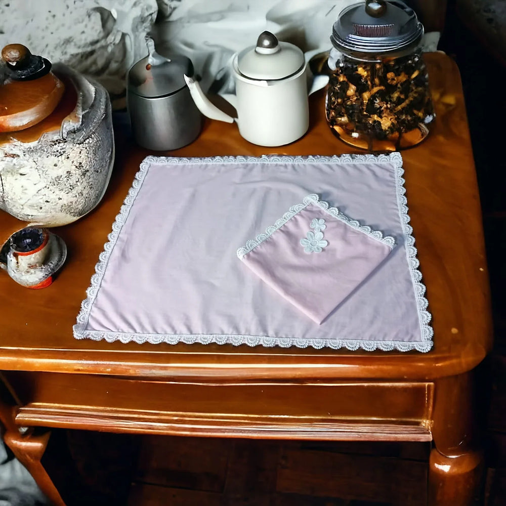 9 PCS TROLLEY MAT AND NAPKIN SET WITH LACE - WHITE - Aura living