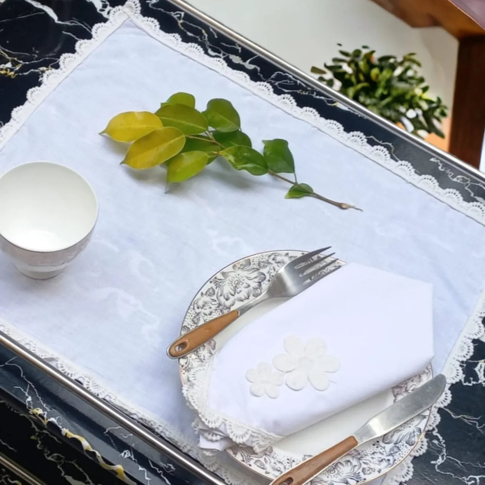 9 PCS TROLLEY MAT AND NAPKIN SET WITH LACE - WHITE - Aura living