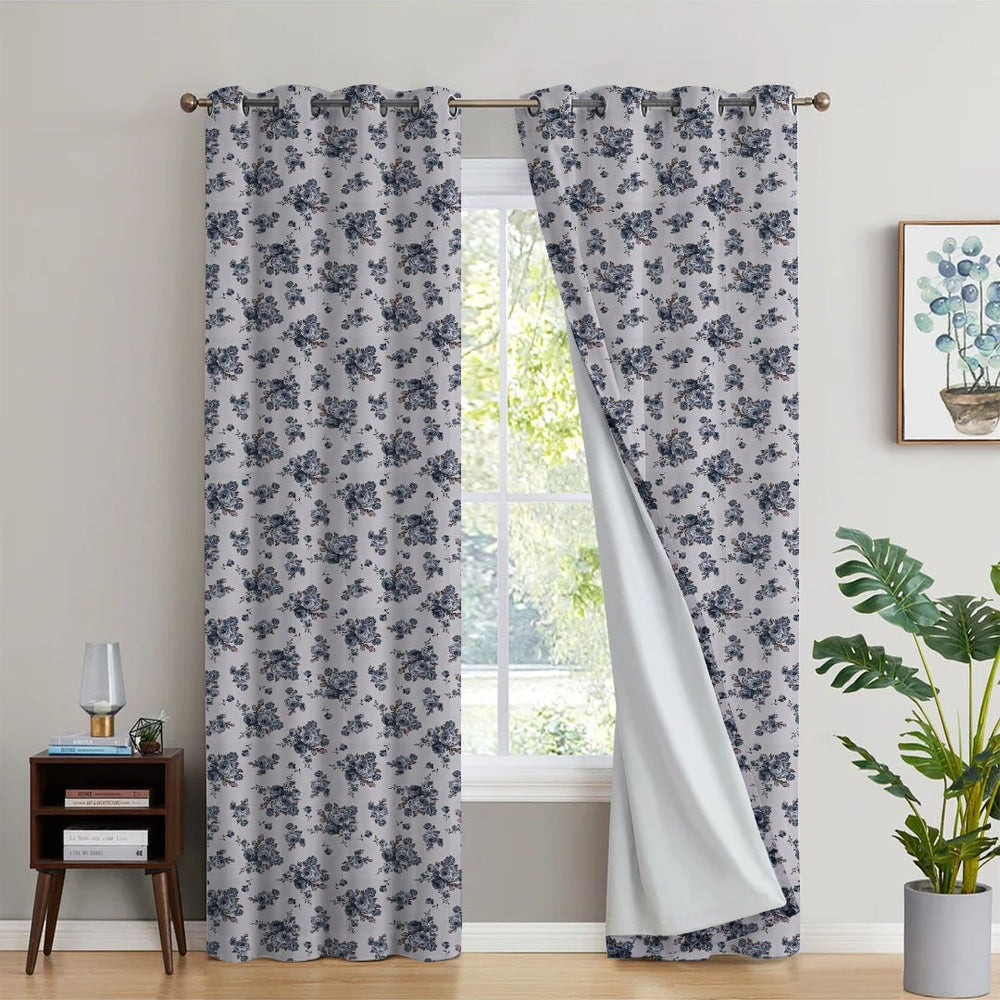 ROSE GARDEN BLUE PRINTED BLACKOUT CURTAIN - Aura living