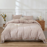 Plain Cotton Duvet Cover Set With Pom Poms