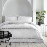 Luxury Cotton Satin Pom Fringe Duvet Cover Set-White With Grey Pom Pom - Aura Living