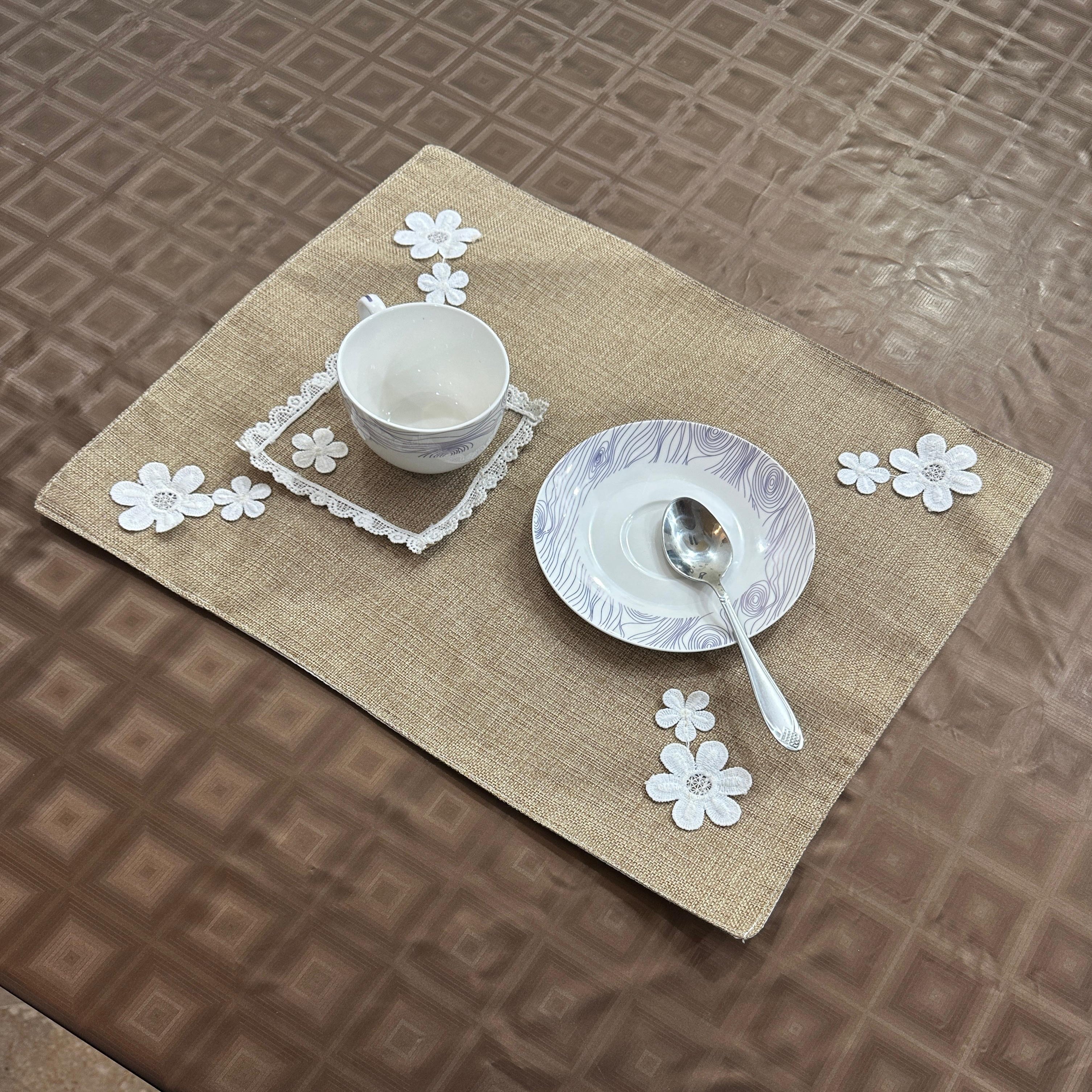Jute Tolley Mat Set With Cute Flowers - Brown